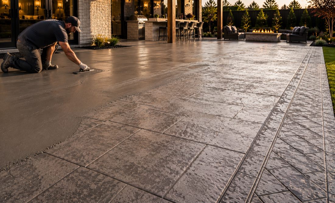 A concrete finisher hand-troweling the edge of a stamped patio at golden hour